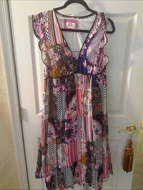 Sleeveless Patchwork Floral Midi Dress in Pink, Purple & Mustard